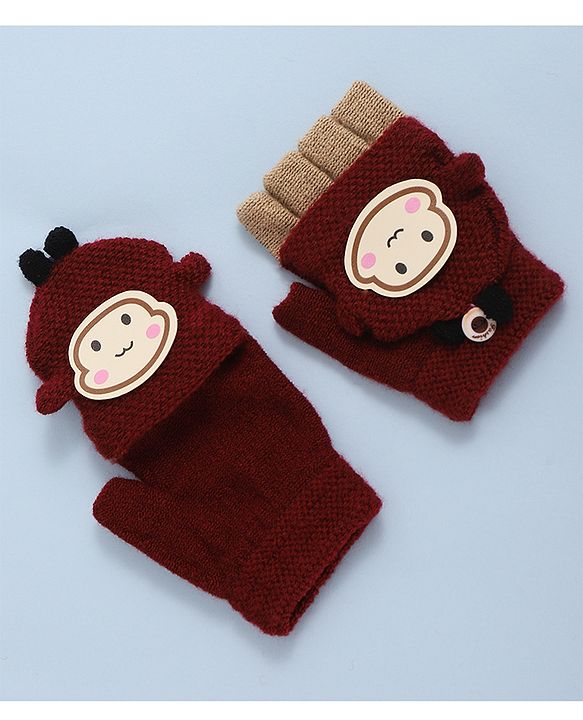 Babyhug Woollen Gloves with  Applique - Maroon