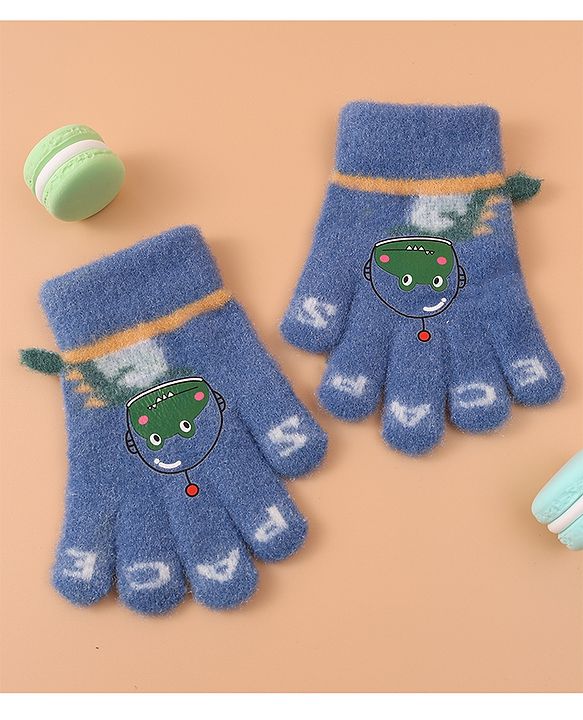 Babyhug Woollen Gloves with Crocodile Print - Navy