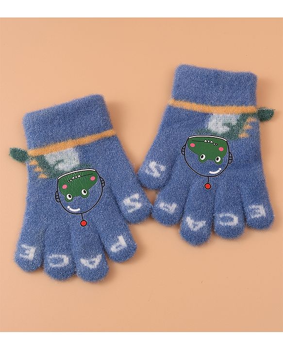 Babyhug Woollen Gloves with Crocodile Print - Navy