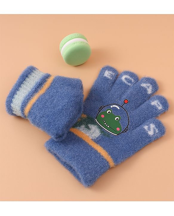 Babyhug Woollen Gloves with Crocodile Print - Navy