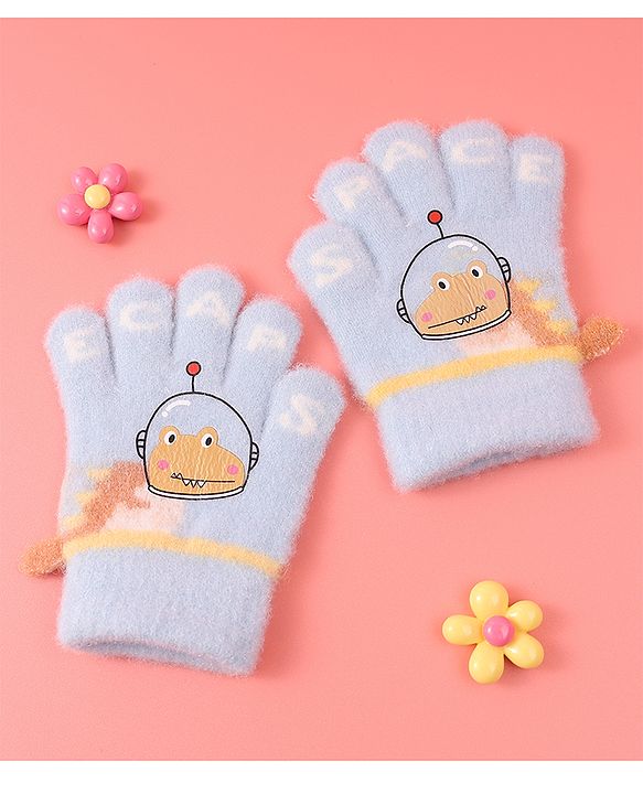 Babyhug Woollen Gloves with Crocodile Print - Sky Blue