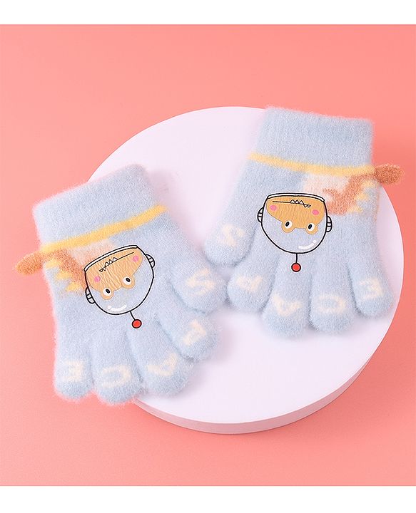 Babyhug Woollen Gloves with Crocodile Print - Sky Blue