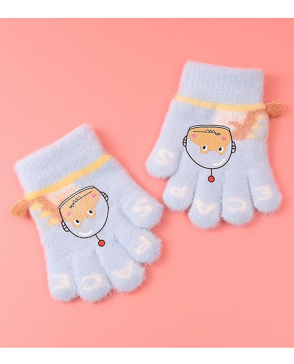 Babyhug Woollen Gloves with Crocodile Print - Sky Blue