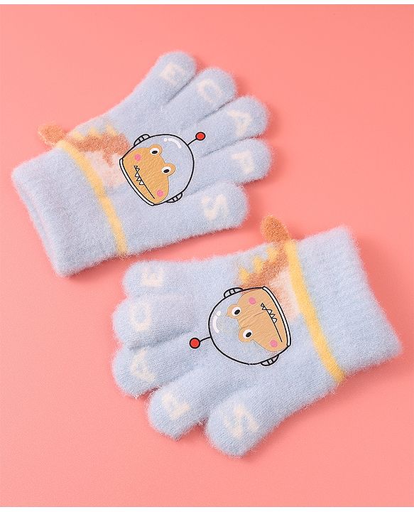 Babyhug Woollen Gloves with Crocodile Print - Sky Blue