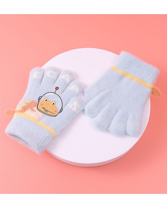 Babyhug Woollen Gloves with Crocodile Print - Sky Blue