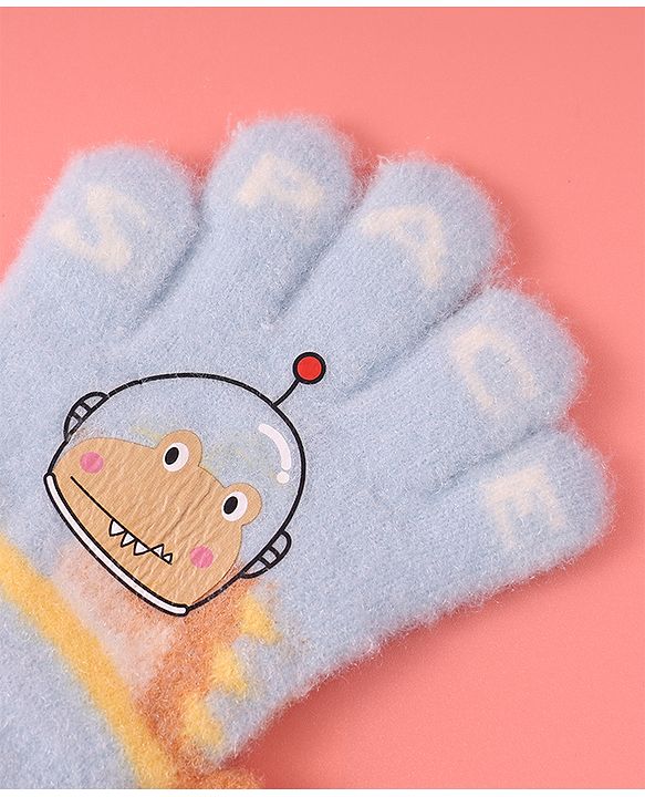 Babyhug Woollen Gloves with Crocodile Print - Sky Blue