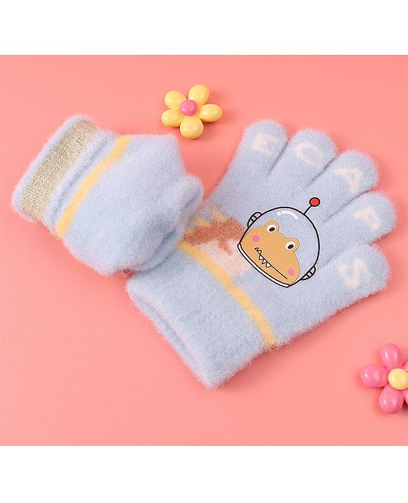 Babyhug Woollen Gloves with Crocodile Print - Sky Blue