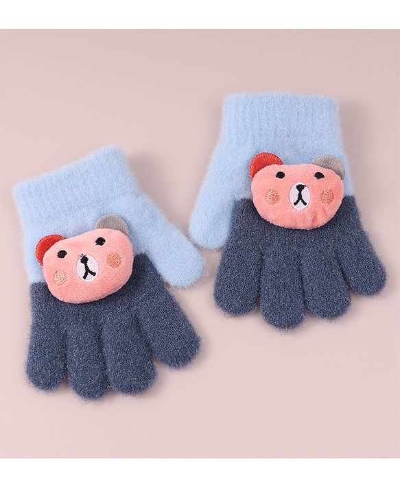 Babyhug Woollen Gloves with Bear Applique - Blue