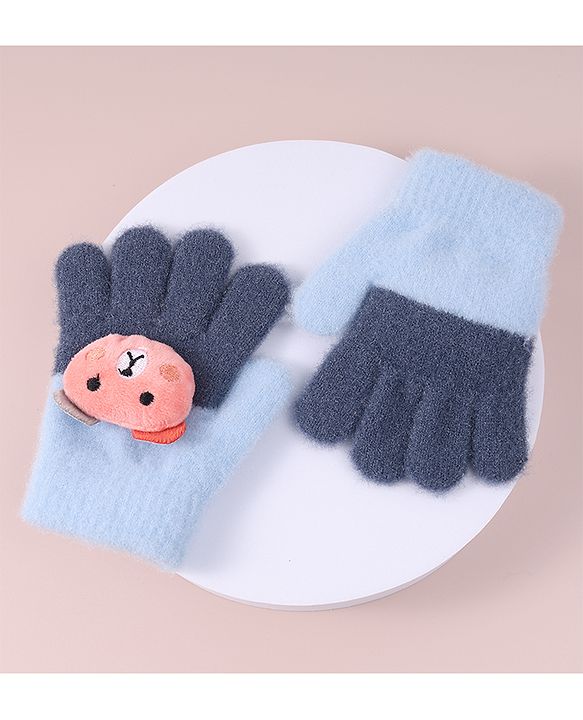 Babyhug Woollen Gloves with Bear Applique - Blue