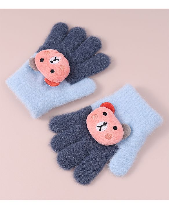 Babyhug Woollen Gloves with Bear Applique - Blue
