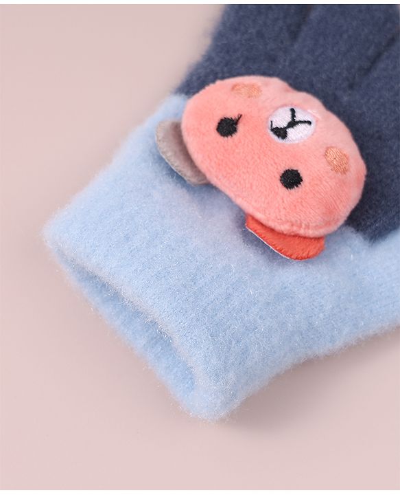 Babyhug Woollen Gloves with Bear Applique - Blue