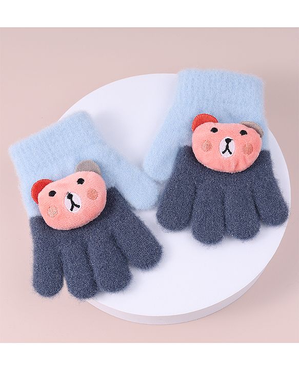 Babyhug Woollen Gloves with Bear Applique - Blue