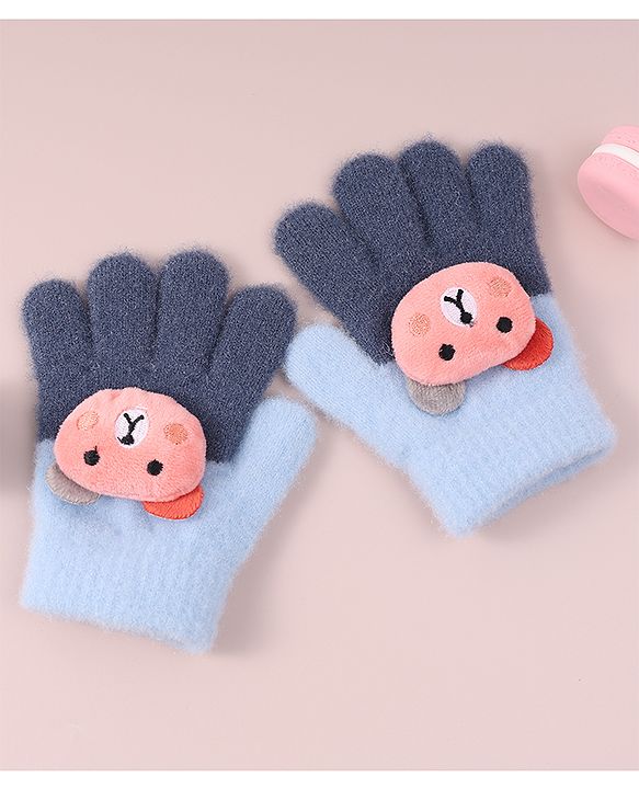 Babyhug Woollen Gloves with Bear Applique - Blue