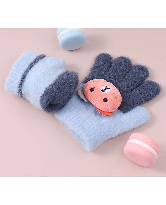 Babyhug Woollen Gloves with Bear Applique - Blue