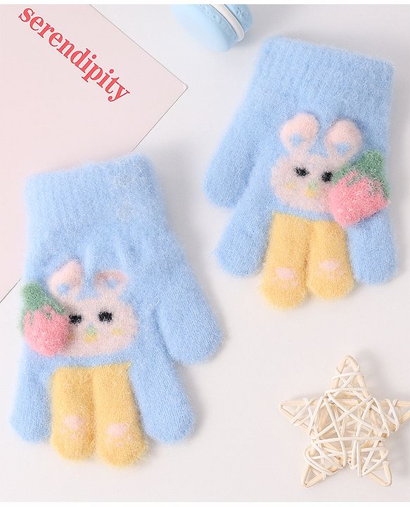 Babyhug Woollen Gloves with Bunny Print - Blue