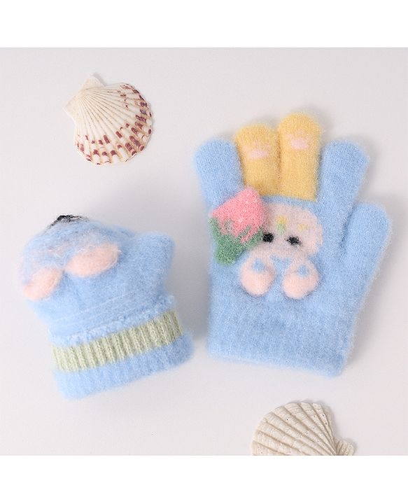 Babyhug Woollen Gloves with Bunny Print - Blue