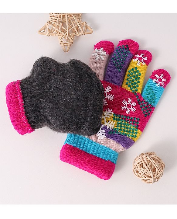 Babyhug Woollen Gloves with Snow Print - Multicolor