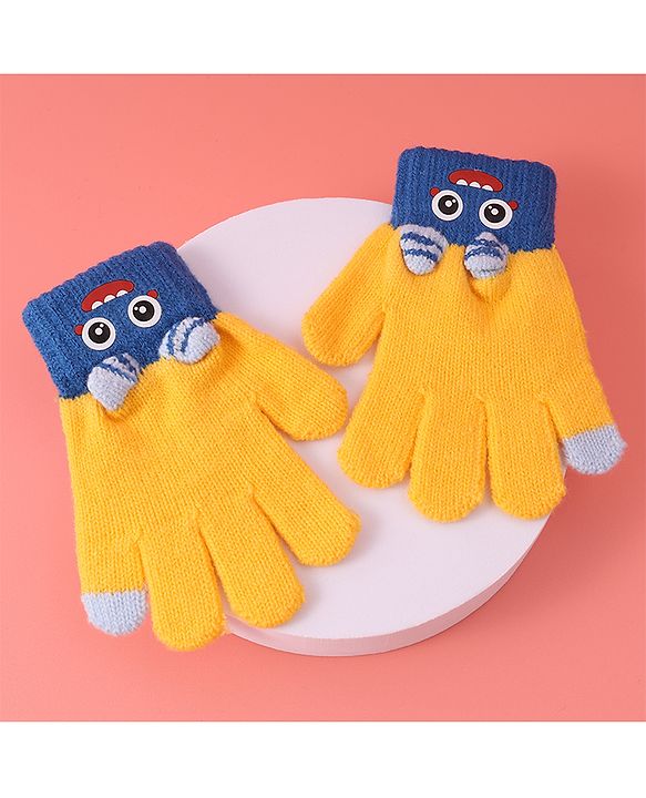 Babyhug Woollen Gloves with Cartoon Print - Yellow