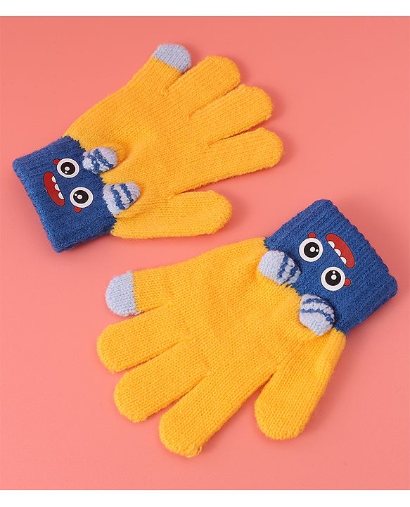 Babyhug Woollen Gloves with Cartoon Print - Yellow