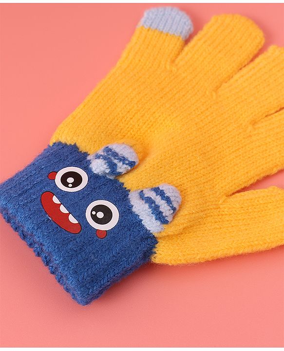 Babyhug Woollen Gloves with Cartoon Print - Yellow