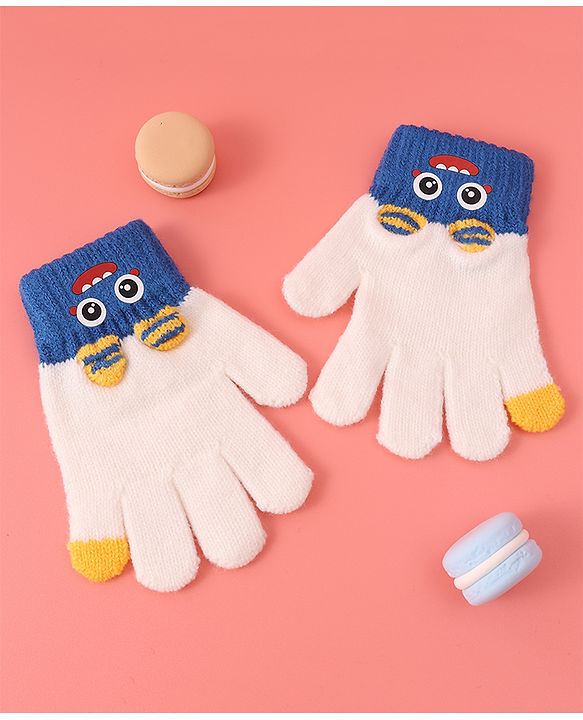 Babyhug Woollen Gloves with Cartoon Print - White