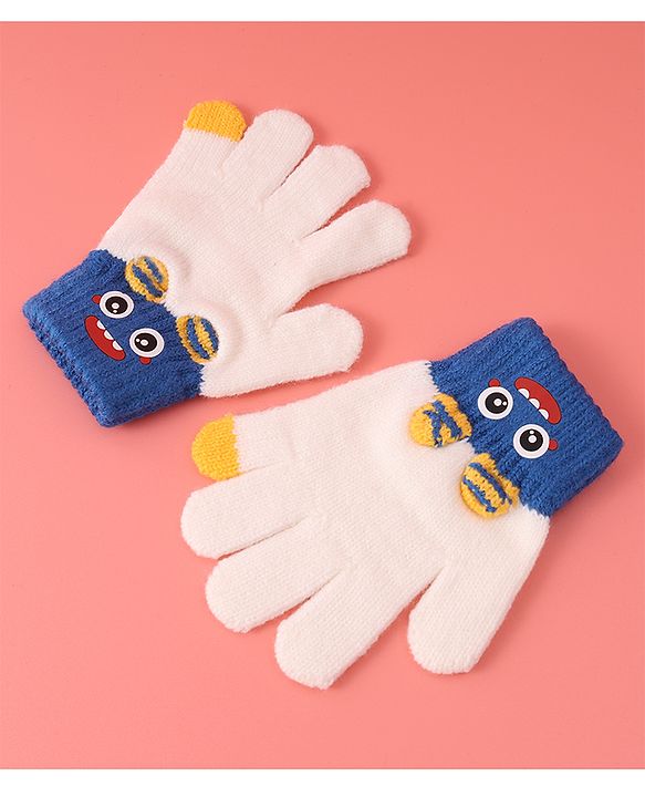 Babyhug Woollen Gloves with Cartoon Print - White