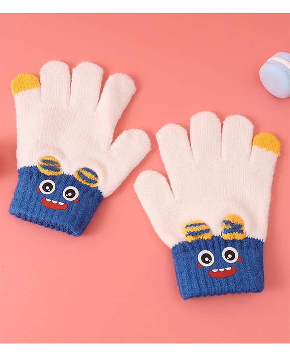 Babyhug Woollen Gloves with Cartoon Print - White