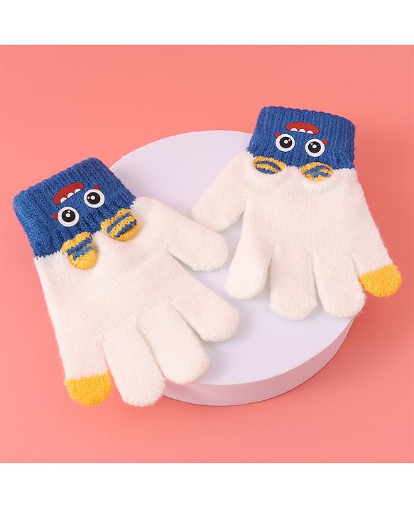 Babyhug Woollen Gloves with Cartoon Print - White