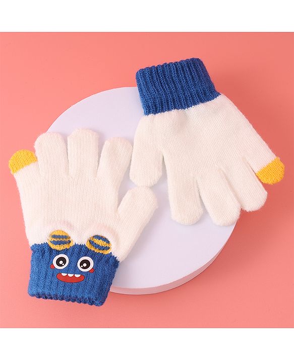 Babyhug Woollen Gloves with Cartoon Print - White