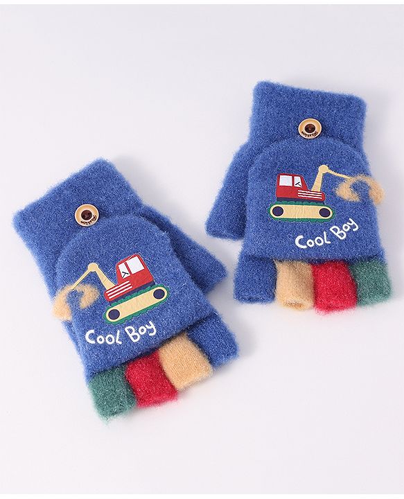 Babyhug Woollen Gloves with Vehicle Print - Navy Blue
