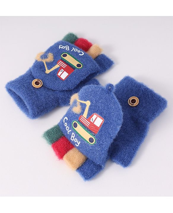 Babyhug Woollen Gloves with Vehicle Print - Navy Blue