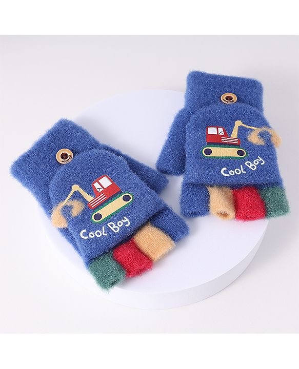 Babyhug Woollen Gloves with Vehicle Print - Navy Blue