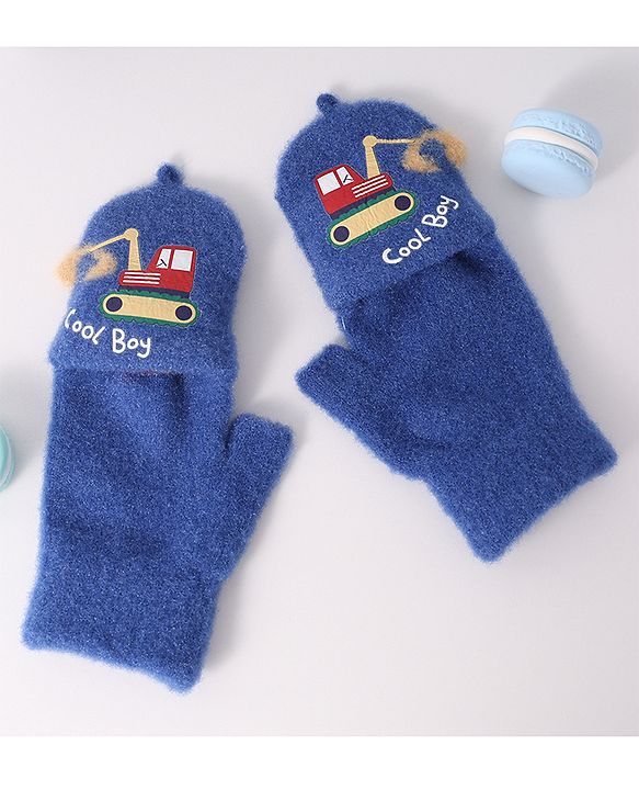 Babyhug Woollen Gloves with Vehicle Print - Navy Blue