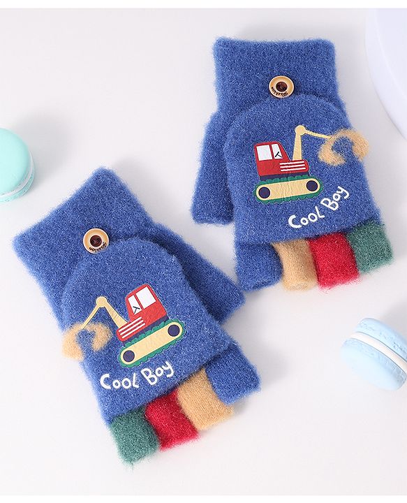 Babyhug Woollen Gloves with Vehicle Print - Navy Blue