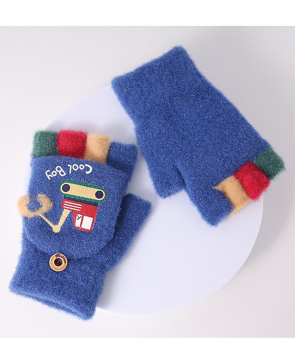 Babyhug Woollen Gloves with Vehicle Print - Navy Blue