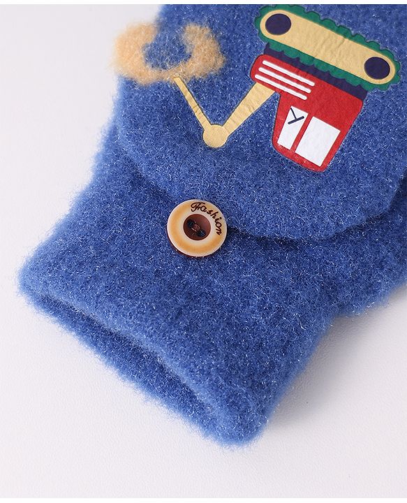 Babyhug Woollen Gloves with Vehicle Print - Navy Blue