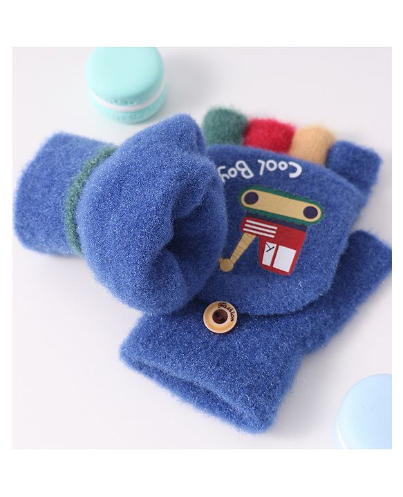 Babyhug Woollen Gloves with Vehicle Print - Navy Blue