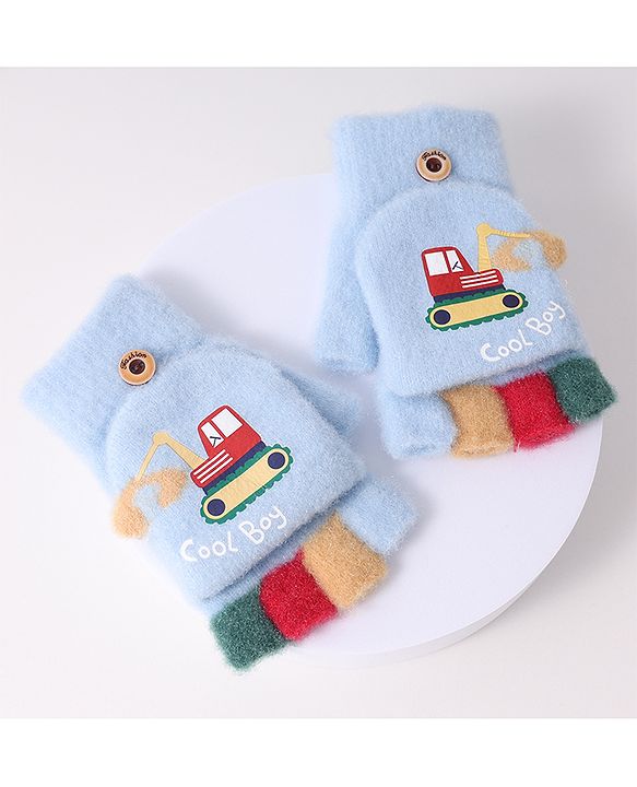 Babyhug Woollen Gloves with Vehicle Print - Navy Blue