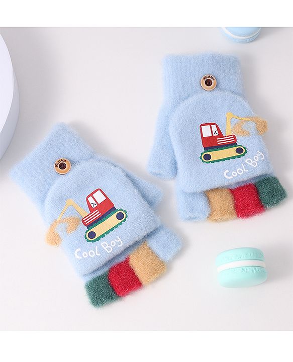 Babyhug Woollen Gloves with Vehicle Print - Navy Blue