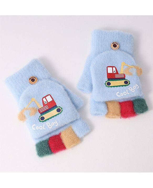 Babyhug Woollen Gloves with Vehicle Print - Navy Blue