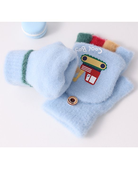 Babyhug Woollen Gloves with Vehicle Print - Navy Blue