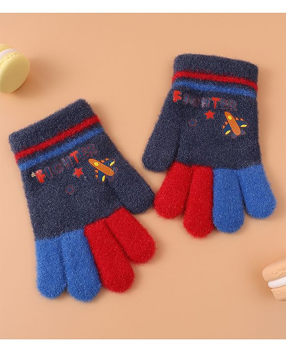 Babyhug Woollen Gloves with Airplane & Star Print - Navy