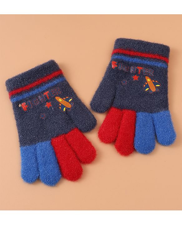 Babyhug Woollen Gloves with Airplane & Star Print - Navy