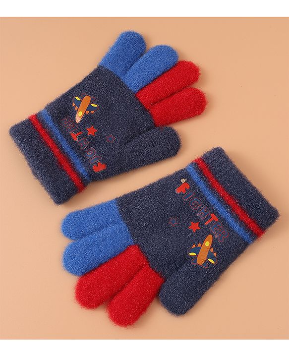 Babyhug Woollen Gloves with Airplane & Star Print - Navy