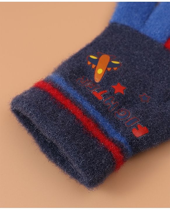 Babyhug Woollen Gloves with Airplane & Star Print - Navy