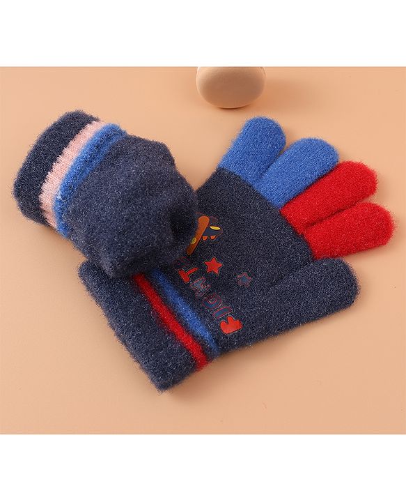 Babyhug Woollen Gloves with Airplane & Star Print - Navy