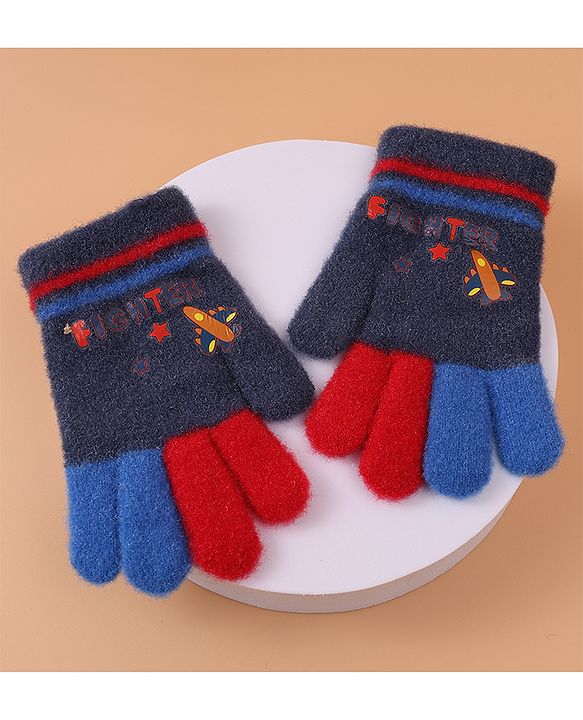 Babyhug Woollen Gloves with Airplane & Star Print - Navy