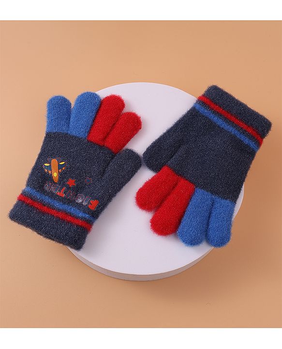 Babyhug Woollen Gloves with Airplane & Star Print - Navy