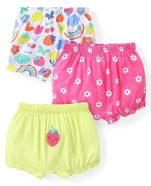 Babyhug 100% Cotton Knit Bloomers with Floral & Strawberry Print Pack of 3 - Multicolour