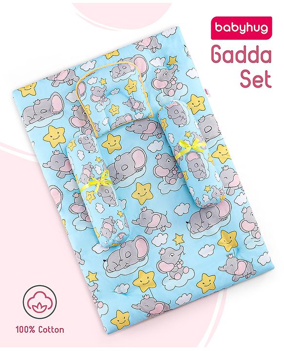 Babyhug Cotton Elephant Print Bedding Set Pack of 4 - Blue